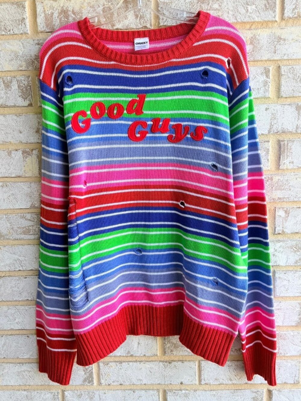 Spirit Halloween Long Sleeve Crew Neck Chucky Good Guys  Striped Sweater Size XL